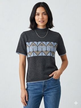 Tahari Charcoal Geo-Panel Short Sleeve Knit Top with Light Blue Trim